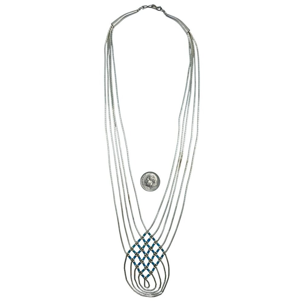 Native American Liquid Silver Woven Turquoise Beaded Necklace 18" Vintage 17.4g - Picture 9 of 9